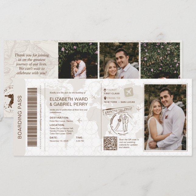 Inbjudan om Boarding Pass Bröllop Spara Datum (Fram/baksida)