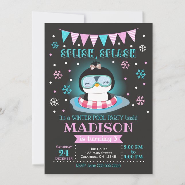 Inbjudan om födelsedag för Winter bassäng party /  (Framsida)