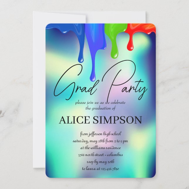 Inbjudan om regnbåge Holograf Drip Studenten (Framsida)