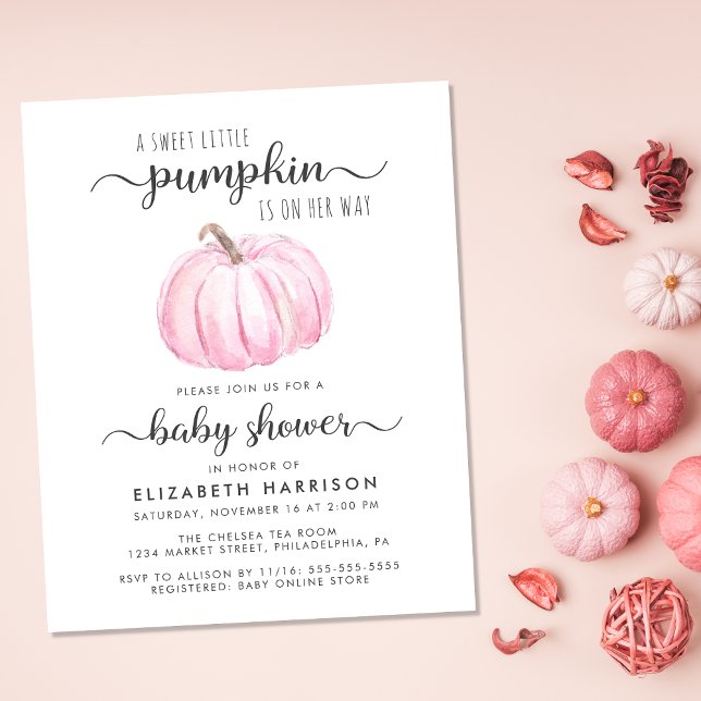 Inbjudan om Rosa av vattenfärgsfärg för babyvisnin (Celebrate the upcoming arrival of your sweet little autumn baby with a pumpkin-themed baby shower)