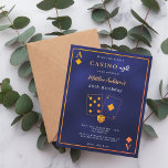 Inbjudan om sommartid för Casino-blått guld<br><div class="desc">En kasinokväll tog födelsedagsinbjudan i marinblått och guld. Den blå färg är ojämn. Ett spelkort som ram. Mallar för information om party. 1 lakan = 1 inbjudan tryckt kant till kant.</div>