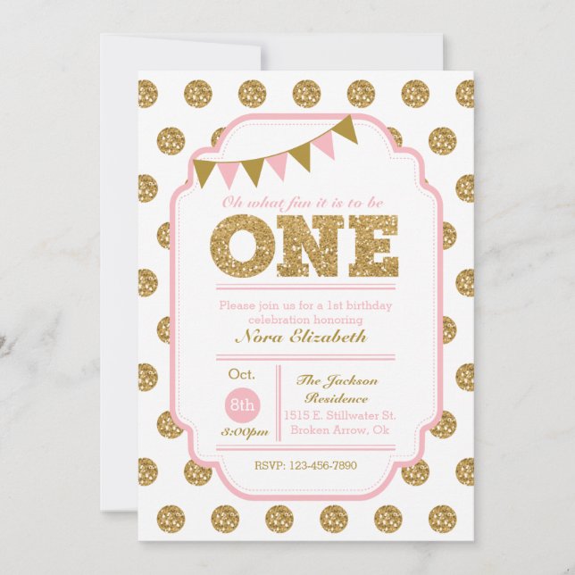 Inbjudan på födelsedag - rosa och guld polka dots (Framsida)