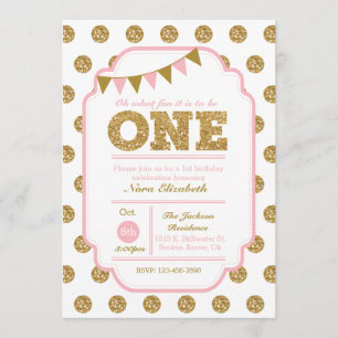 Inbjudan på födelsedag - rosa och guld polka dots