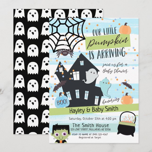 Inbjudan Pastel Halloween Watercolor Baby Shower (Fram/baksida)
