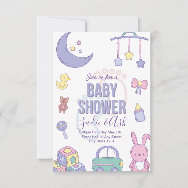 Inbjudan Pastel Leksak Kön Neutral Baby Shower (Framsida)