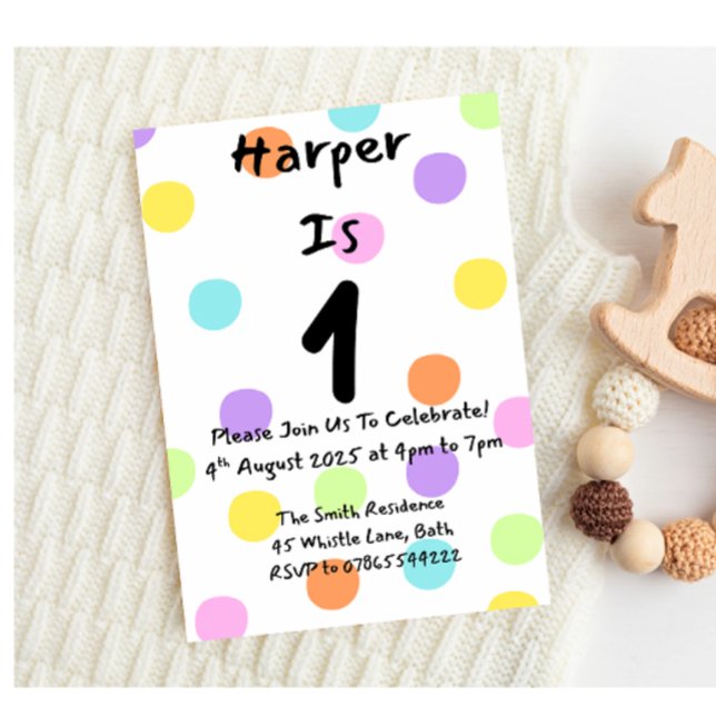 Inbjudan Pastel Polka Dot Kids från första födelse (Skapare uppladdad)