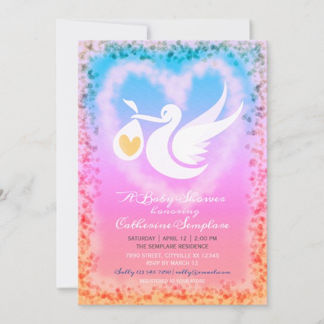 Inbjudan Pastel Stork Baby Shower (Framsida)
