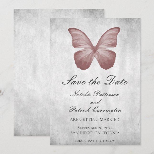 Inbjudan Pink Butterfly Save the Date (Fram/baksida)