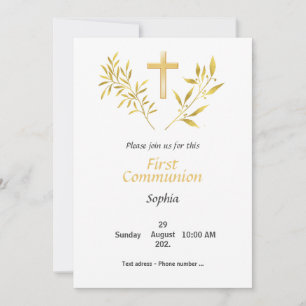 Inbjudan Première Communion - Croix feuillage elle