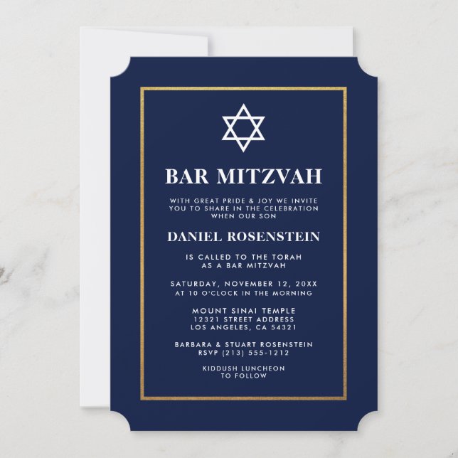 Inbjudan pub Mitzvah Elegant Blue och Guld (Framsida)