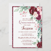 Inbjudan Quinceanera Burgundy Red Blommigt Glitter