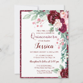 Inbjudan Quinceanera Burgundy Red Blommigt Glitter