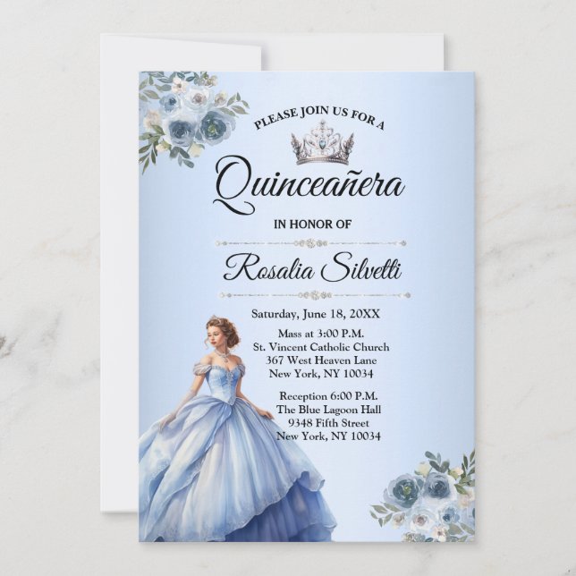 Inbjudan Quinceanera Dusty Blue och Silver (Framsida)