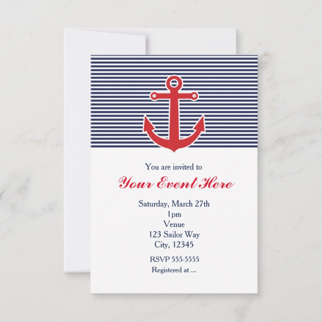 Inbjudan Red Anchor Nautical Blue & White Rand (Framsida)