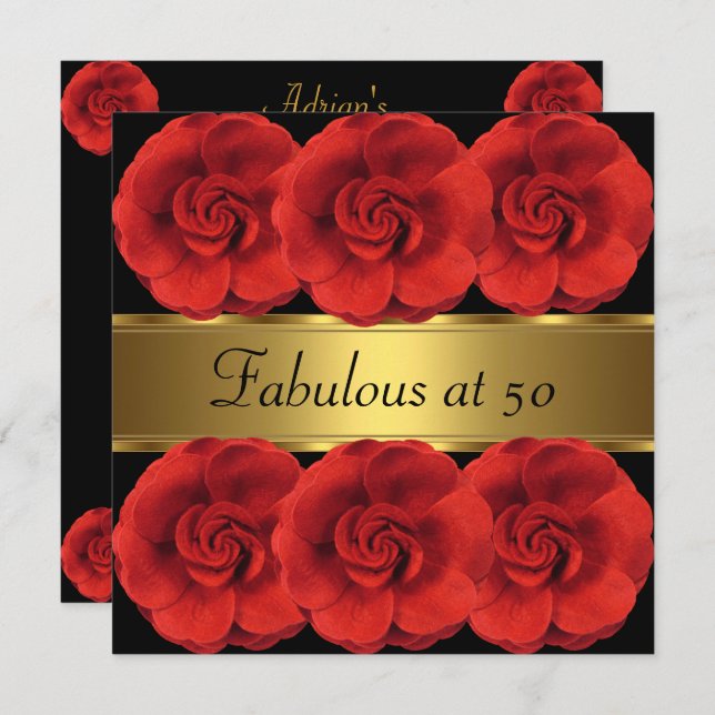 Inbjudan Red Flowers Black Guld Fabulous 50:e (Fram/baksida)