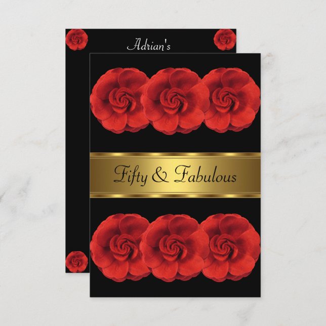 Inbjudan Red Flowers Black Guld Fabulous 50:e (Fram/baksida)