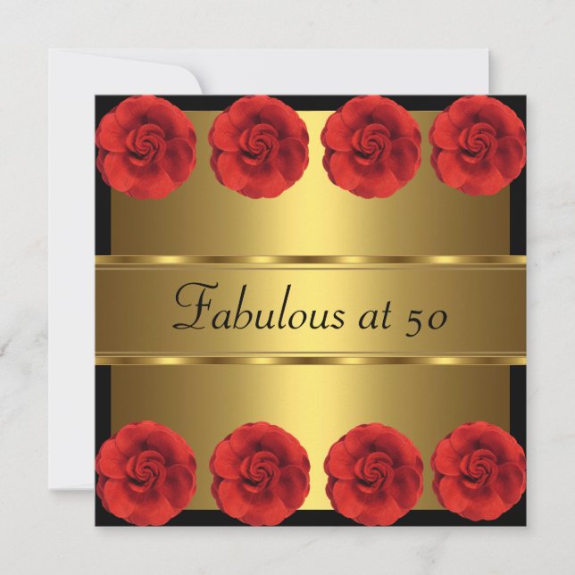 Inbjudan Red Flowers Black Guld Fabulous 50:e (Framsida)