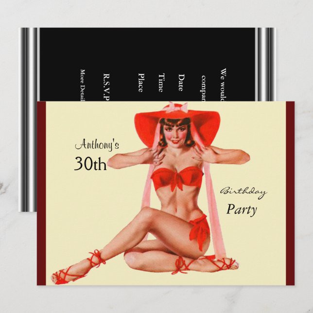 Inbjudan röd Pin-up-flicka grädde födelsedagsfest (Fram/baksida)