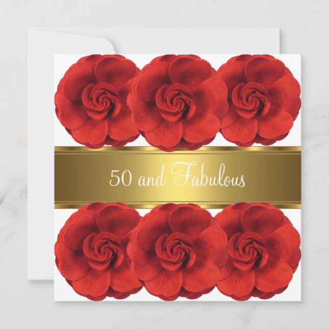 Inbjudan Röda Blommor Vitt Guld 50 och Lysande (Framsida)