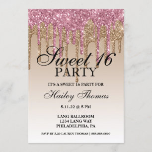 Inbjudan - Rosa & Guld Glitter Drift Sweet sixteen