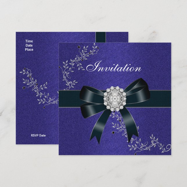 Inbjudan Royal Blue Diamond Jewel Svart Bow (Fram/baksida)