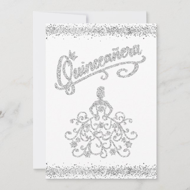 Inbjudan silver Glitter Quinceañera 15 Krona (Framsida)