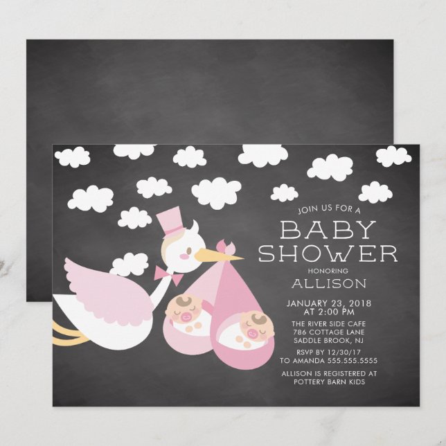 Inbjudan Stork & Twin Girls Twillingars Baby Showe (Fram/baksida)