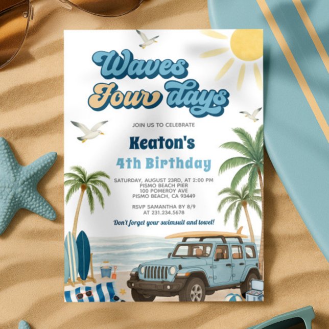 Inbjudan surfa 4e födelsedagen - Vinkara fyra daga (Surf 4th Birthday Invitation - Waves Four Days)
