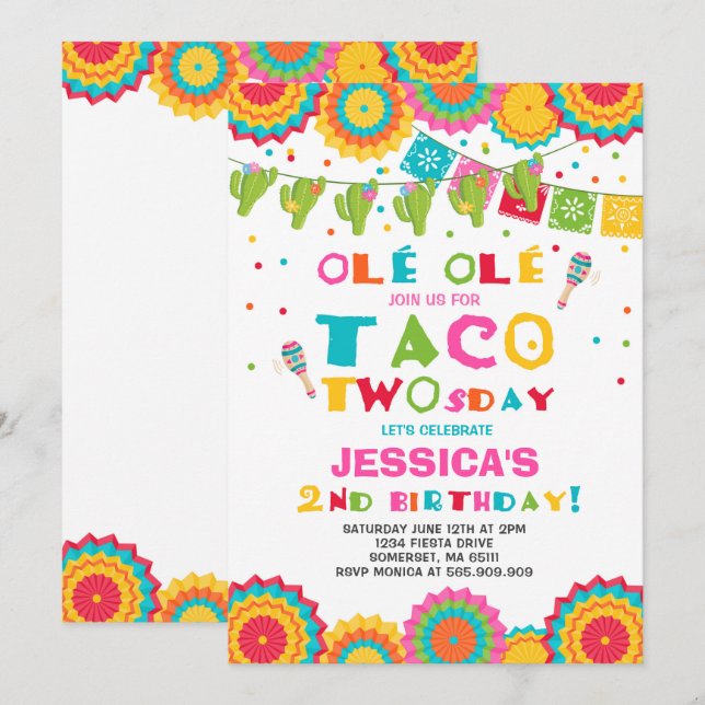 Inbjudan Taco Tosday Party, andra födelsedagen (Fram/baksida)