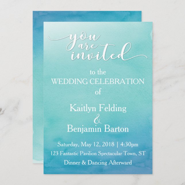 Inbjudan Teal & Blue Ombre Watercolor Wedding 3a (Fram/baksida)