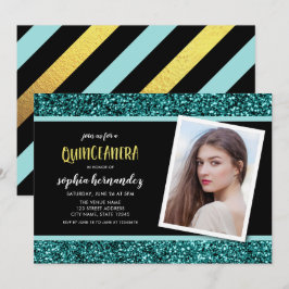 Inbjudan Teal Glitter Photo Quinceanera