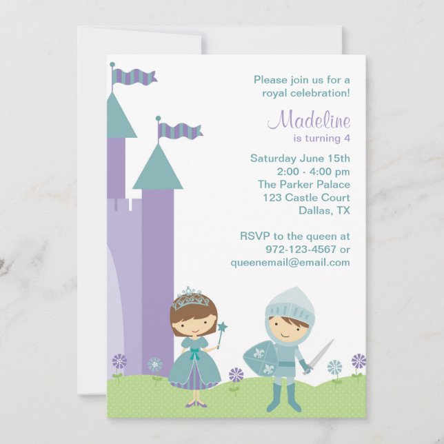 Inbjudan Teal och Lavender Princess och Knight (Framsida)