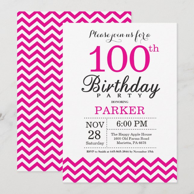 Inbjudan till 100-årsfirande Hot Pink Chevron (Fram/baksida)