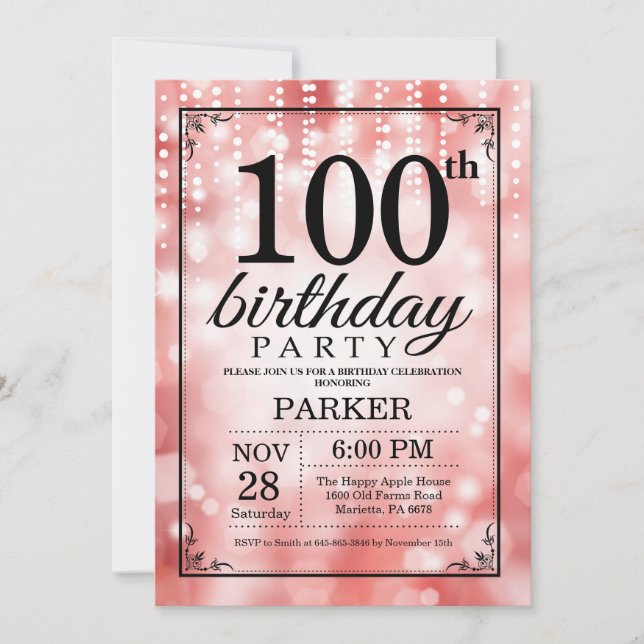 Inbjudan till 100-årsfirande med röd glitter (Framsida)