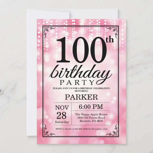 Inbjudan till 100-årsfirande rosa glitter (Framsida)