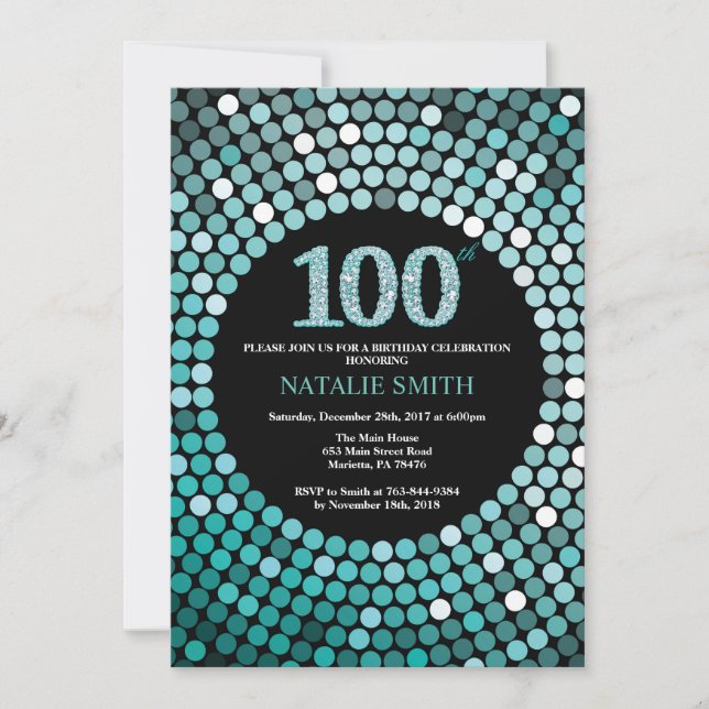 Inbjudan till 100-årsfirande svart och teal glitte (Framsida)
