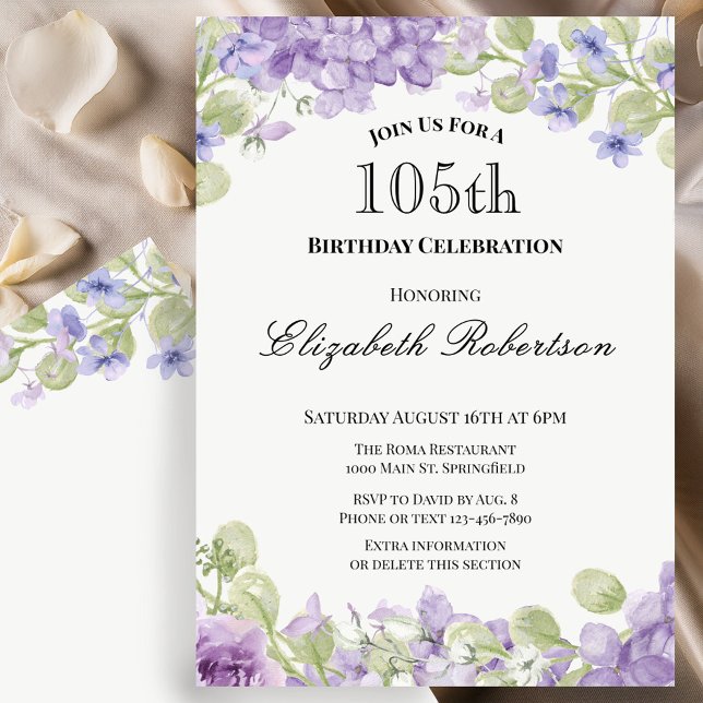 Inbjudan till 105-årsfirande Elegant lila blommig (Skapare uppladdad)