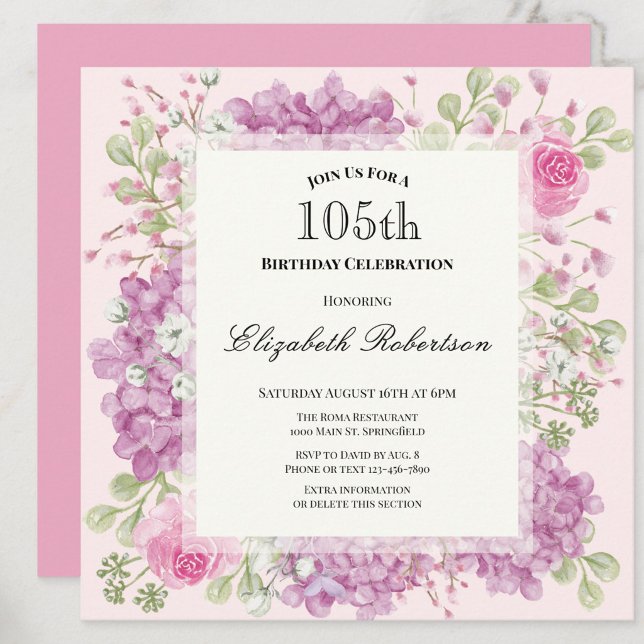 Inbjudan till 105-årsfirande Eleganta rosa blommor (Skapare uppladdad)