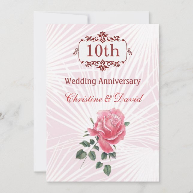 Inbjudan till 10-års bröllopsjubileum med rosa ros (Framsida)