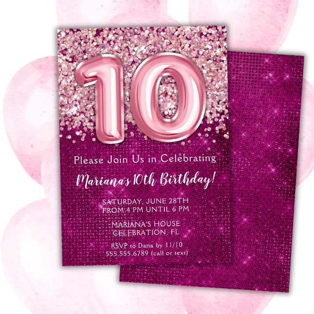 Inbjudan till 10-årsdag Flicka Magenta Rosa Glitte (Skapare uppladdad)