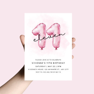 Inbjudan till 11-årsdag med rosa ballong
