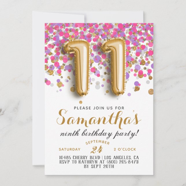 Inbjudan till 11-årsfest med konfetti (Framsida)