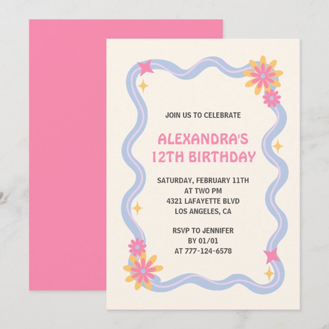 Inbjudan till 12-årsdag Retro Groovy Rosa Blommor (Fram/baksida)