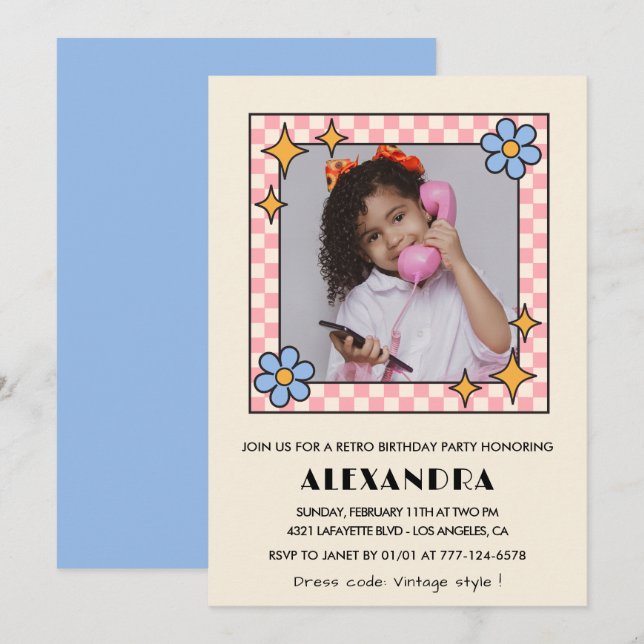 Inbjudan till 12-årsfest Retro Groovy Blå Blommor (Fram/baksida)