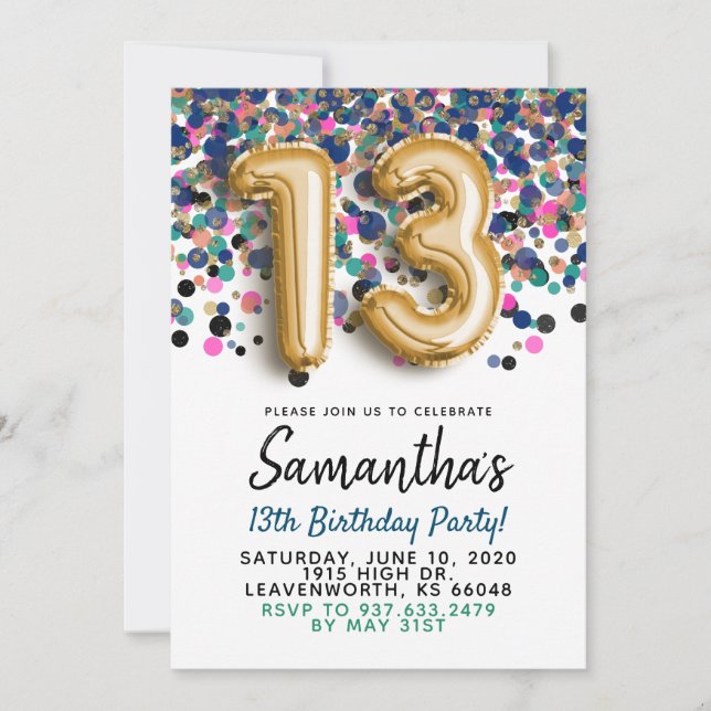 Inbjudan till 13-årsdag med guldconfetti (Framsida)