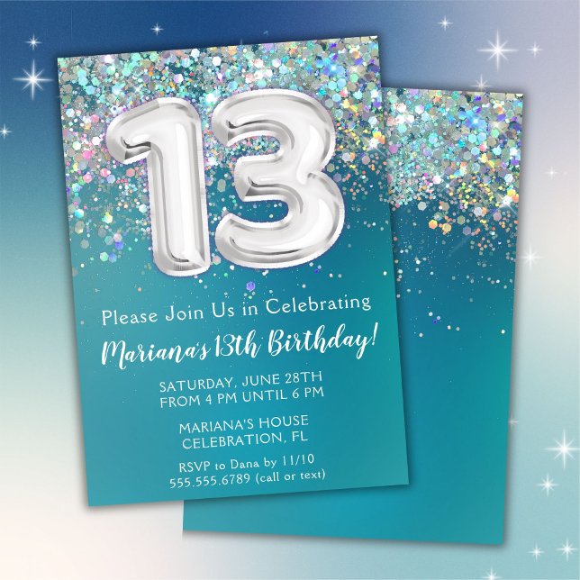 Inbjudan till 13-årsdag Teal Silverglitter (Skapare uppladdad)