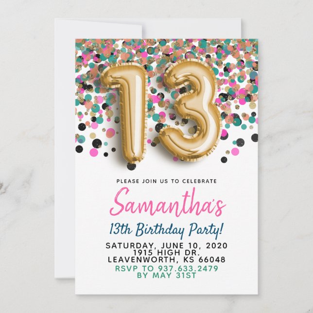 Inbjudan till 13-årsfest med guldconfetti (Framsida)