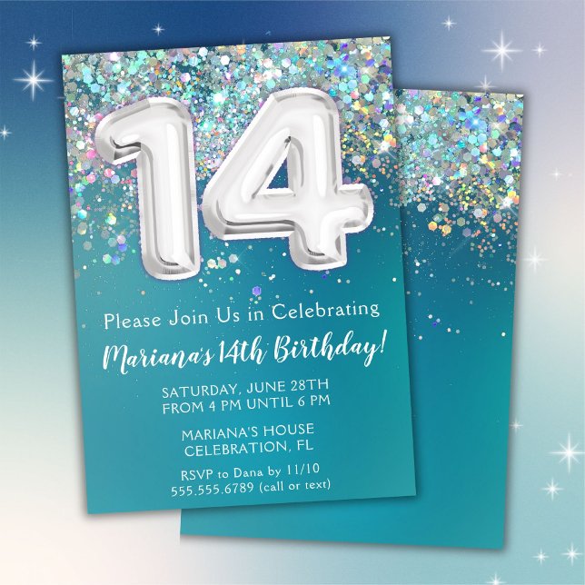 Inbjudan till 14-årsdag Teal Silver Glitter (Skapare uppladdad)