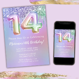 Inbjudan till 14-årsfest med lila rosa glitter