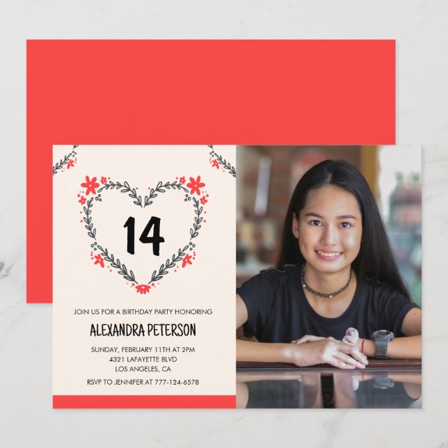 Inbjudan till 14-årsfirande för henne Blommig Hjär (Fram/baksida)